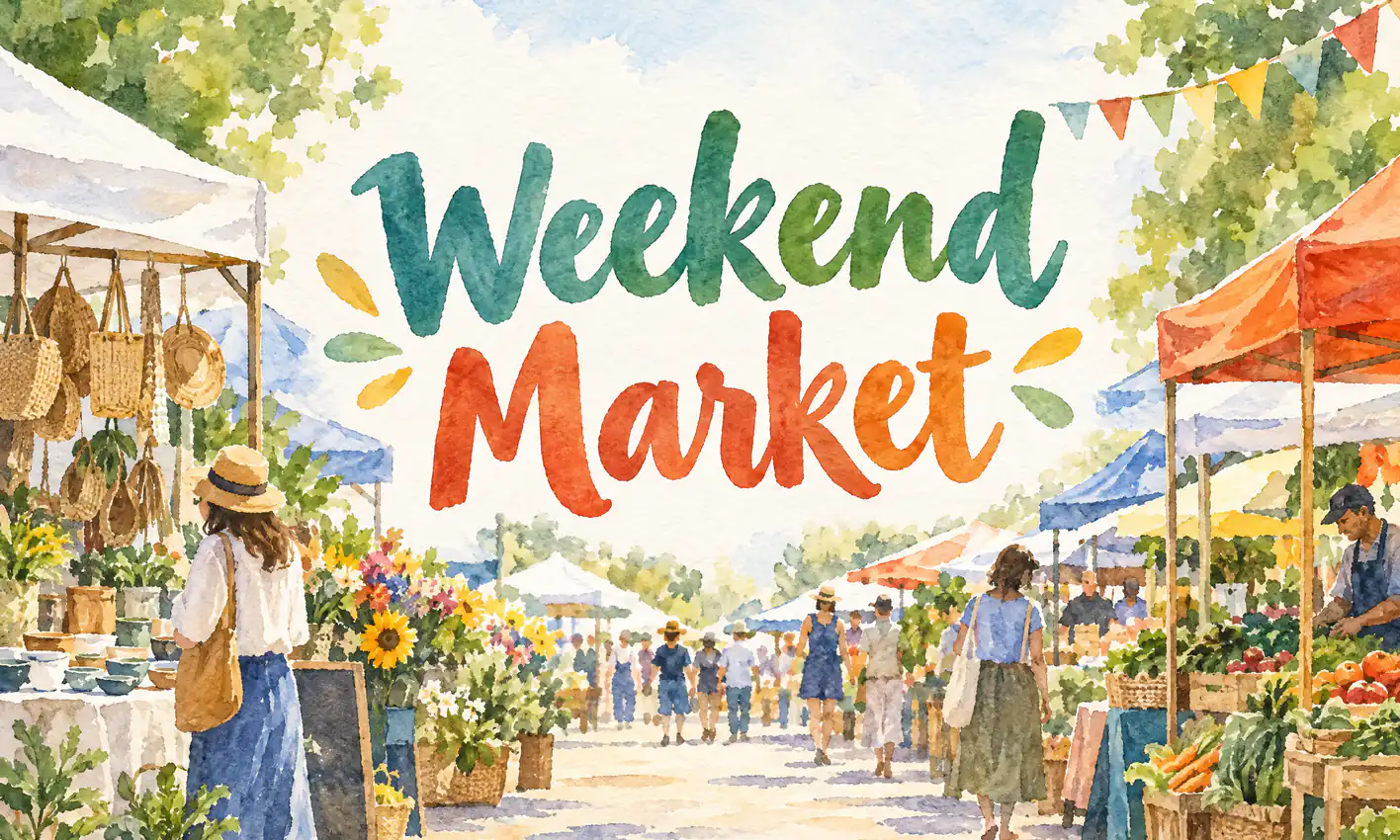 Poster chợ màu nước do AI tạo, tiêu đề lớn “Weekend Market” ở giữa. Mô tả: Poster chợ cuối tuần màu nước, tiêu đề lớn "Weekend Market" ở giữa, không có chữ khác