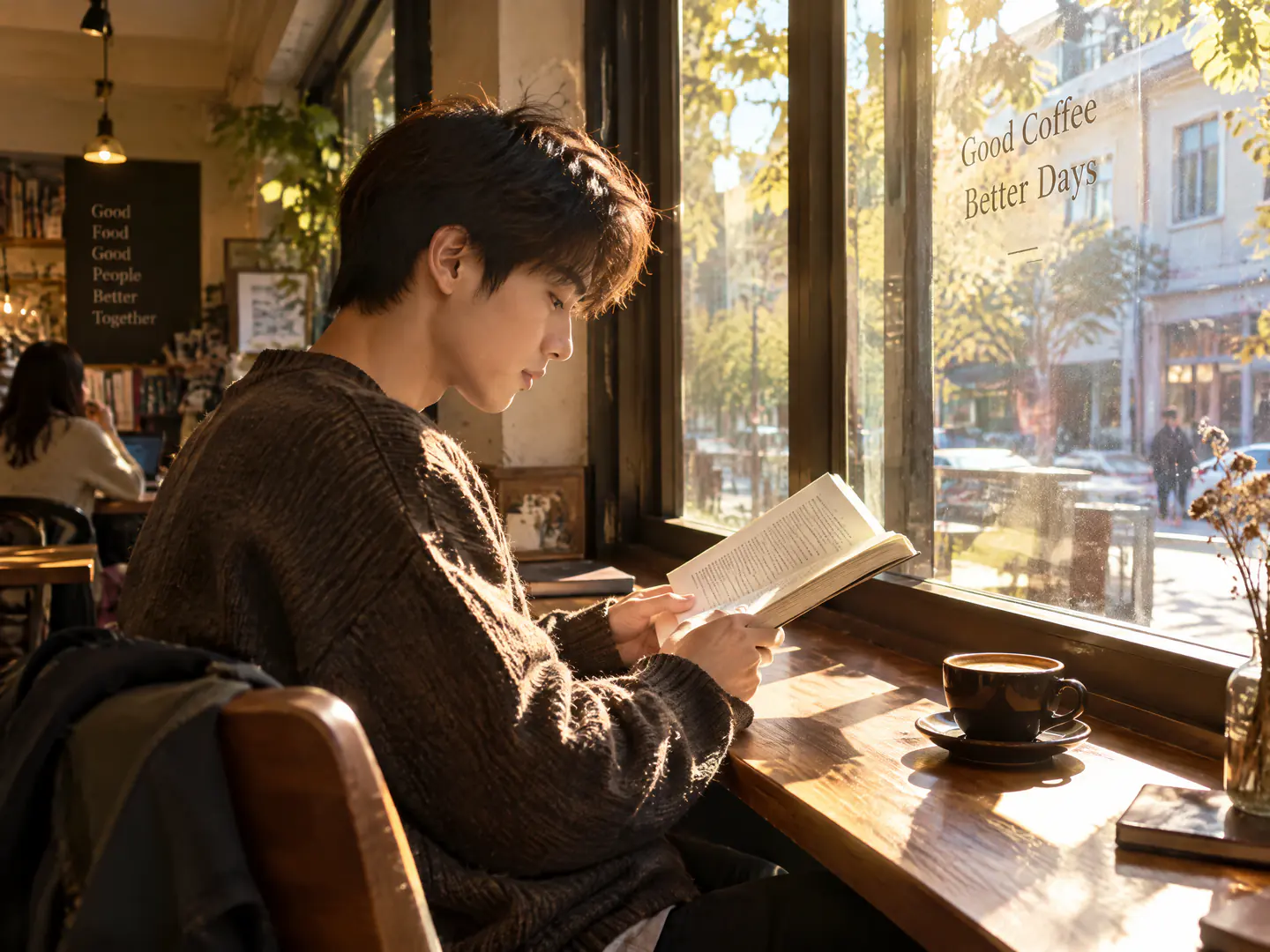 카페 창가에서 책을 읽는 젊은 남성의 AI 일상 사진. 오후 햇빛이 나무 탁자와 커피잔을 비추고 뒤쪽 칠판에는 장식용 영어 글자가 있음